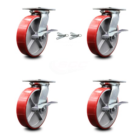 Service Caster 8 Inch Poly on Cast Iron Caster Set with Ball Bearing 4 Brake and 2 Swivel Lock SCC-35S820-PUB-RS-SLB-BSL-2-SLB-2